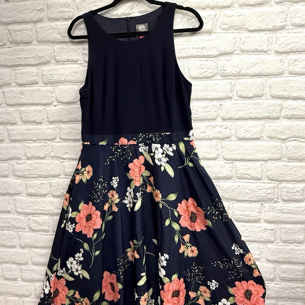 Vince Camuto  Asymmetrical Maxi Dress Woman's Sz 14 Sleeveless‎ Tropical Navy